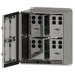 A render of a MX433 extended capacity, stainless steel MAXX Box shown with cover unlatched.
